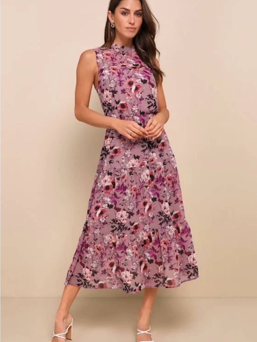 Lulu’s Floral Sleeveless Midi Dress in Mauve Pink Size XS